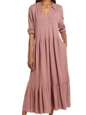 FP Beach Moonlight Cotton Hemp Tiered Midi Dress L Dusty Rose Boho Casual